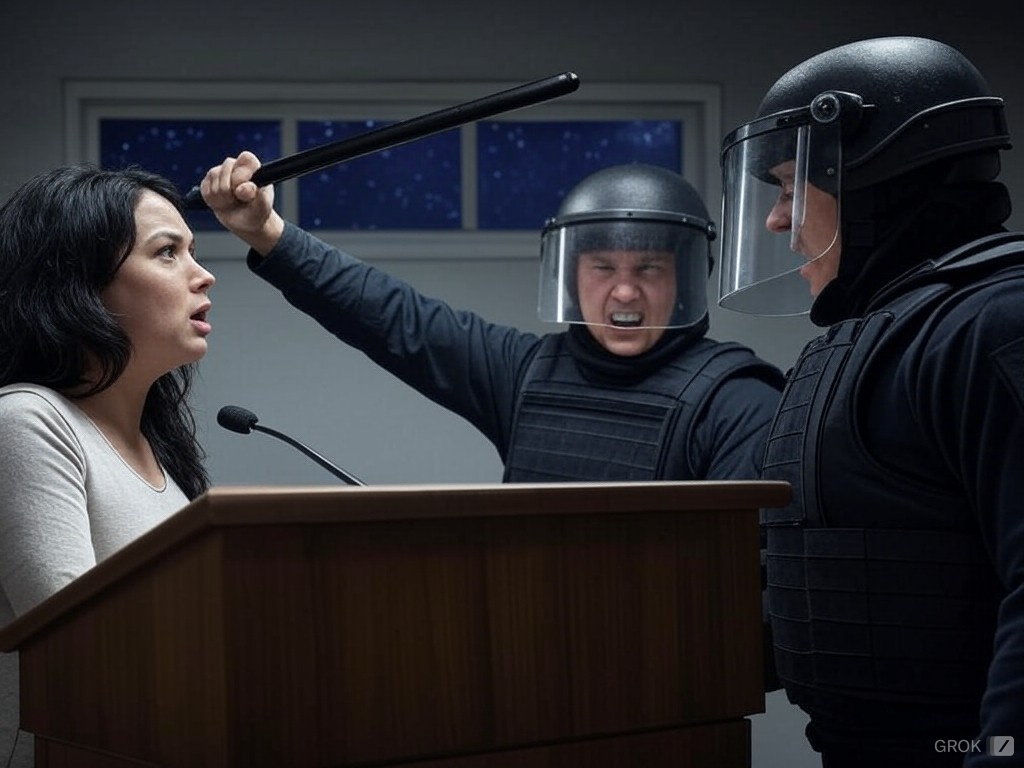 riot officer threatening debater